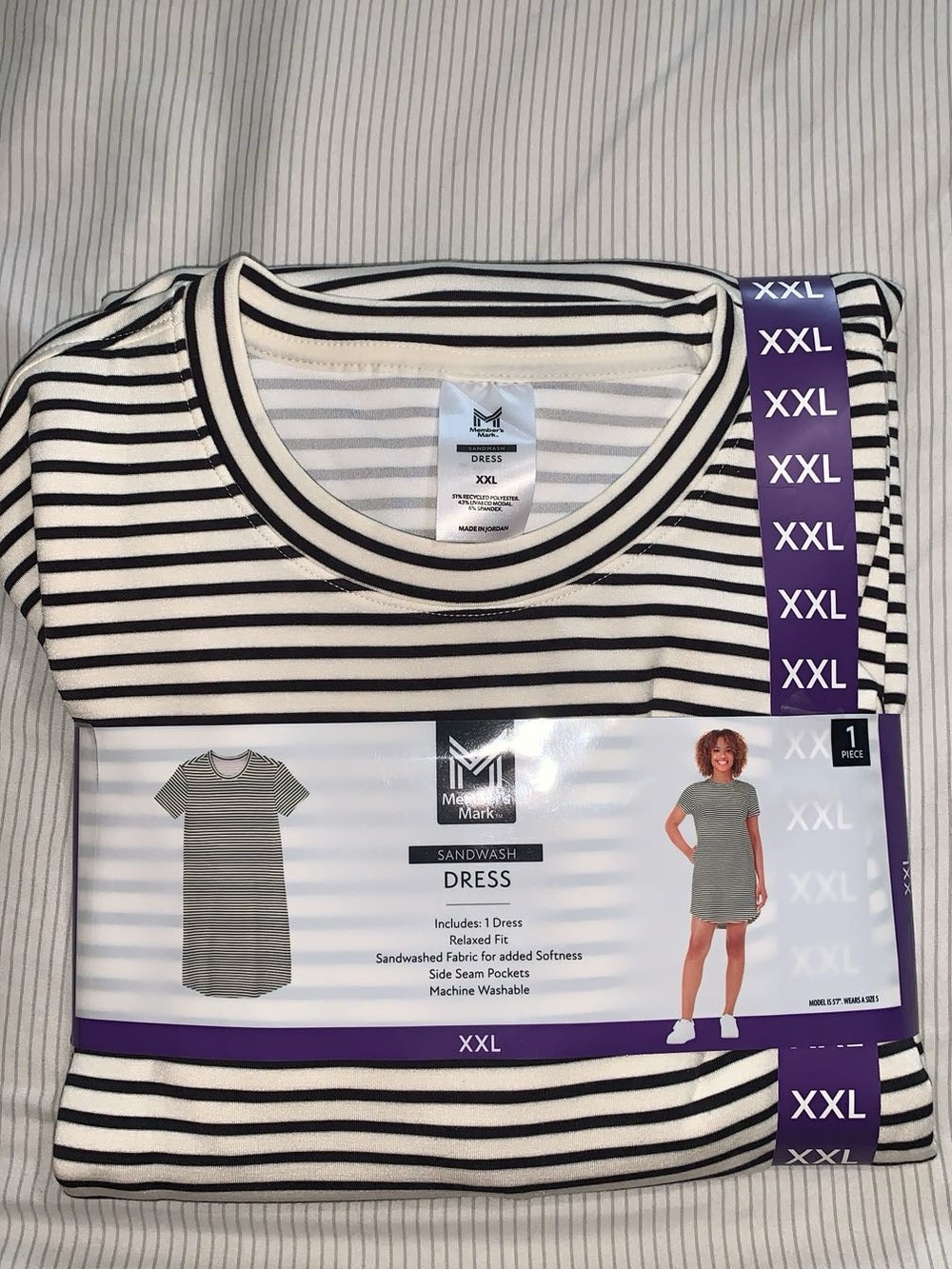 Members Mark Women's Black & White Striped Mini Dress - Sandwash Cotton